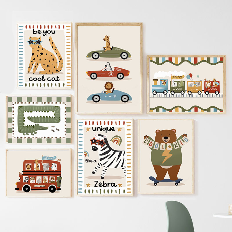 Baby Nursery Prints - Забавные мультяшные животные: леопард, медведь, зебра.