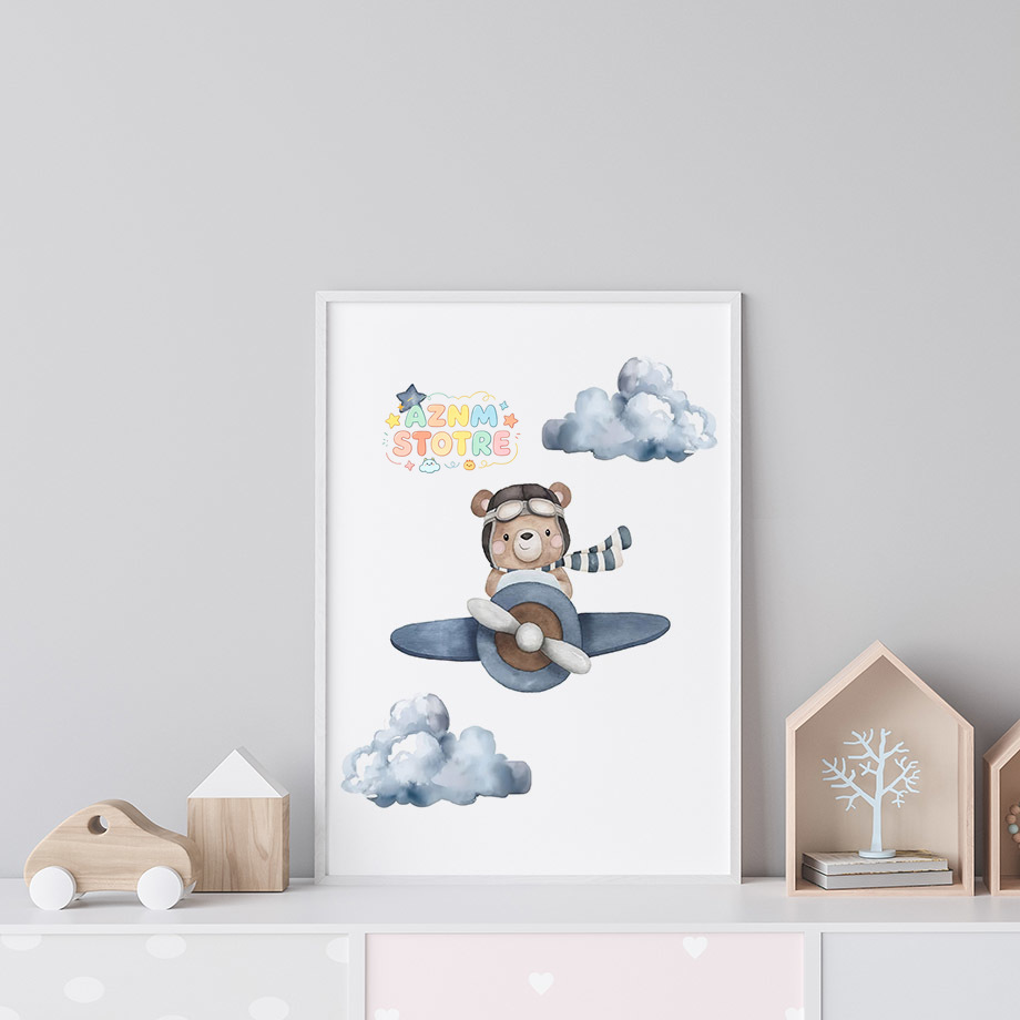 Baby Nursery Prints - Бохо-медведь, самолет, воздушный шар, облака —