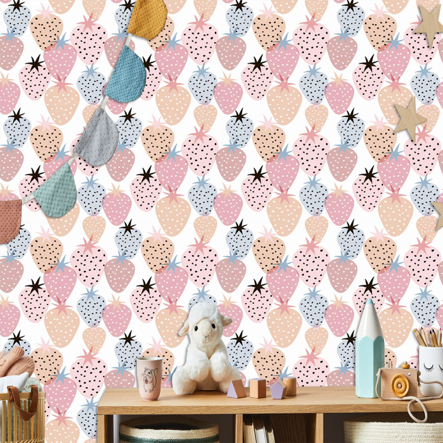Baby Nursery Mural Wallpaper - Самоклеящиеся обои с клубничным узором для