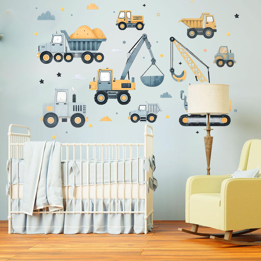 Baby Nursery Vinyl - Набор автомобилей-экскаваторов с героями мультфильмов, наклейка