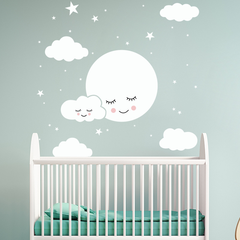 Baby Nursery Mural Wallpaper - Белый мультфильм улыбающееся облако звезды стикер