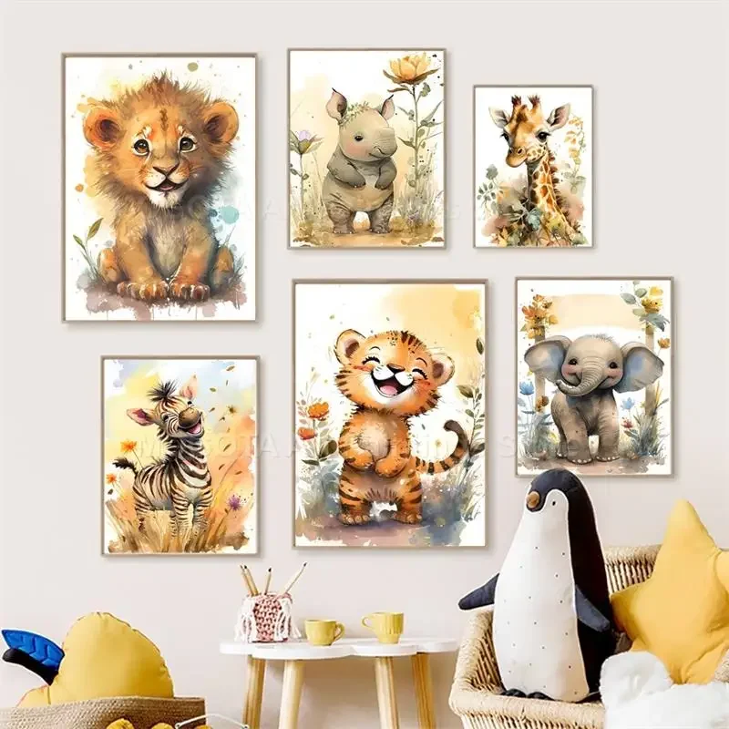Baby Nursery Prints - Акварельные постеры с изображением льва, жирафа,