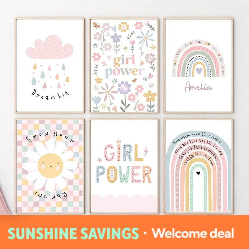 Baby Nursery Prints - Картина на холсте с подсолнухами, радугой,