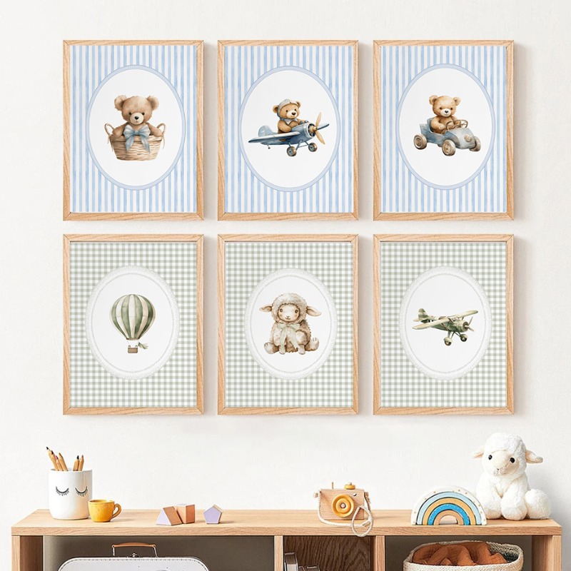 Baby Nursery Green - Винтажный постер с воздушным шаром, овечкой,