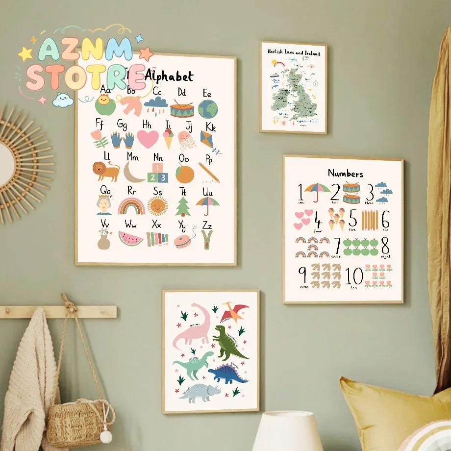 Baby Nursery Fabric - Карта мира животных, динозавры, алфавит, цифры,