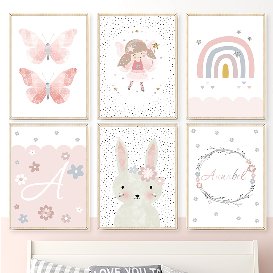 Baby Nursery Prints - Милые девочки, кролики, цветы, бабочки, радуга: